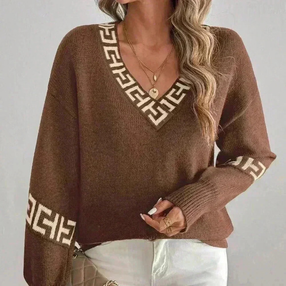 Multicolor Casual Women's V-Neck Drop Shoulder Loose Pullover Sweater - Picture 1 of 6